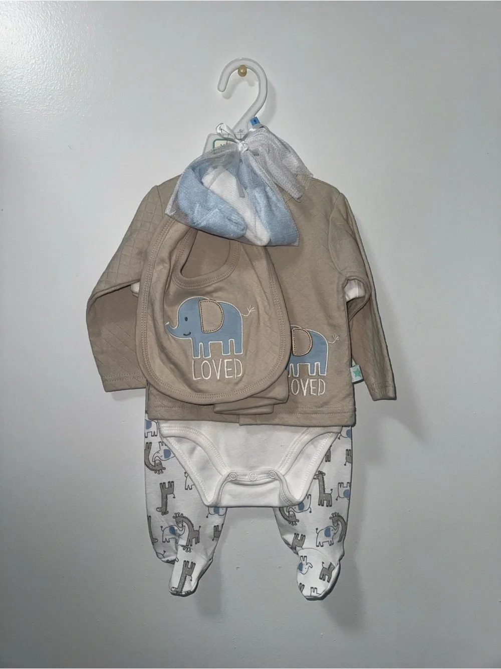 Neutral Beige Baby One-Piece Set with Blue Elephant Bib - Loved